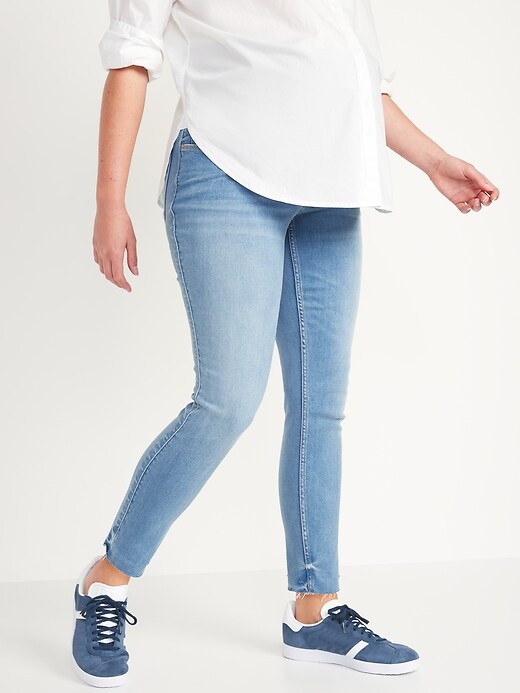 Image number 1 showing, Maternity Rollover-Panel Skinny 360&#176 Stretch Cut-Off Jeans