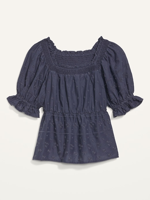 Image number 4 showing, Puff-Sleeve Smocked Embroidered Babydoll Blouse