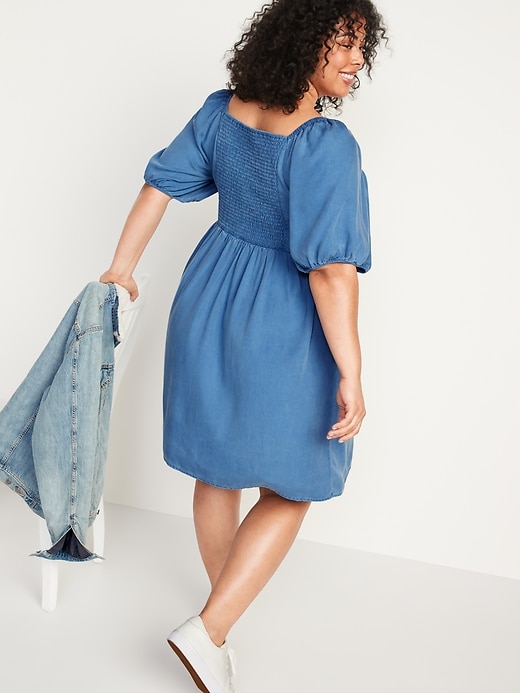 Image number 8 showing, Puff-Sleeve Chambray Mini Babydoll Swing Dress