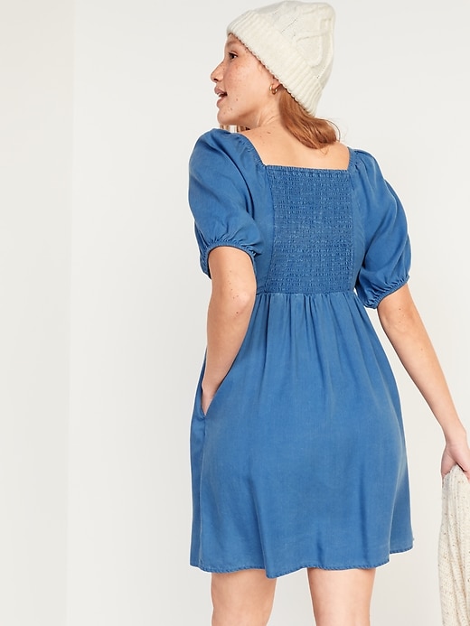 Image number 6 showing, Puff-Sleeve Chambray Mini Babydoll Swing Dress