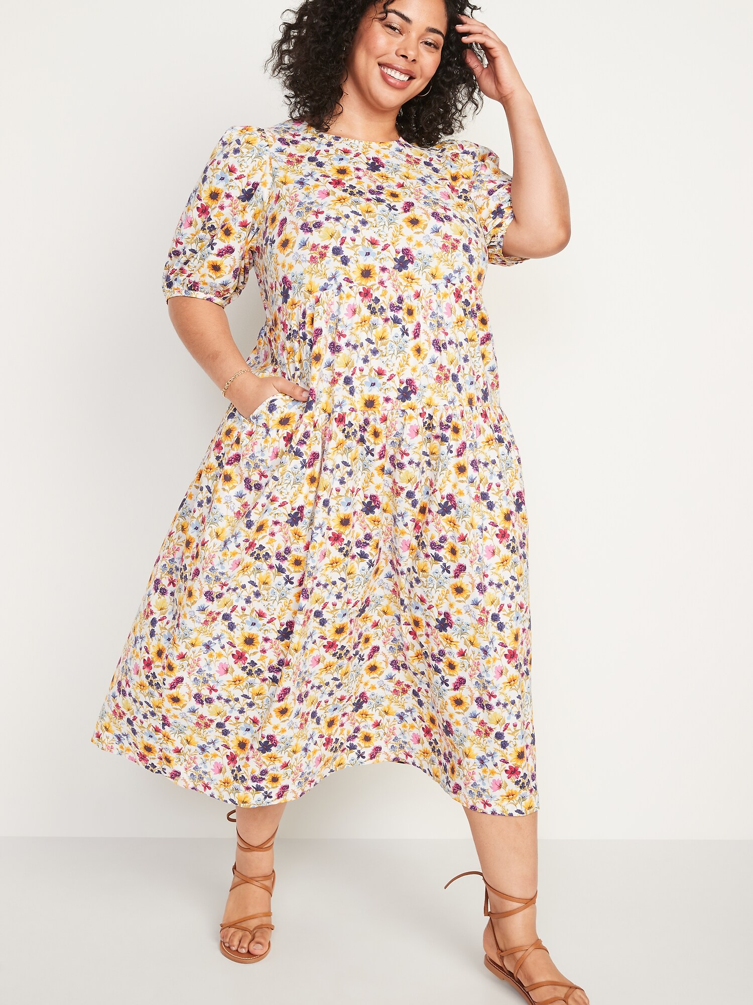 Puff-Sleeve Floral-Print All-Day Midi ...