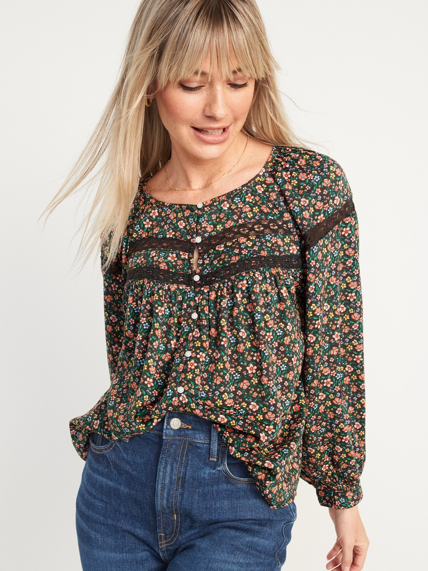 Long-Sleeve Lace-Trimmed Floral-Print Blouse for Women | Old Navy