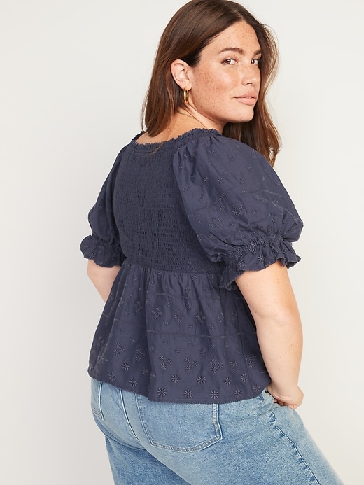 Image number 8 showing, Puff-Sleeve Smocked Embroidered Babydoll Blouse