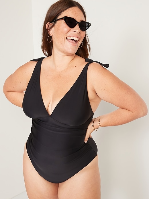Image number 7 showing, Tie-Shoulder Ruched Plunge One-Piece Swimsuit