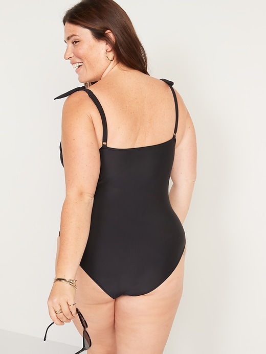 Image number 8 showing, Tie-Shoulder Ruched Plunge One-Piece Swimsuit
