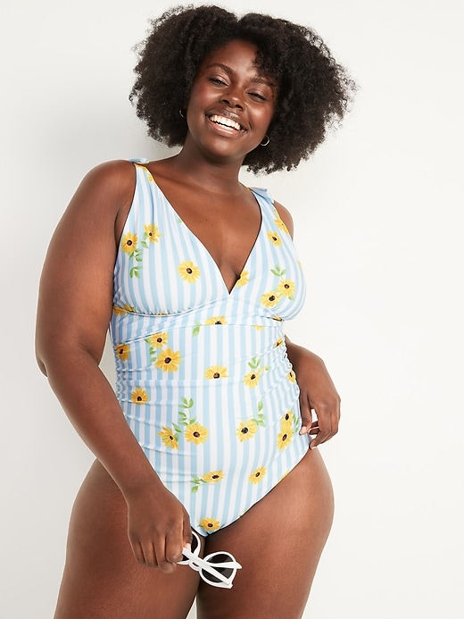 Image number 7 showing, Tie-Shoulder Ruched Plunge One-Piece Swimsuit