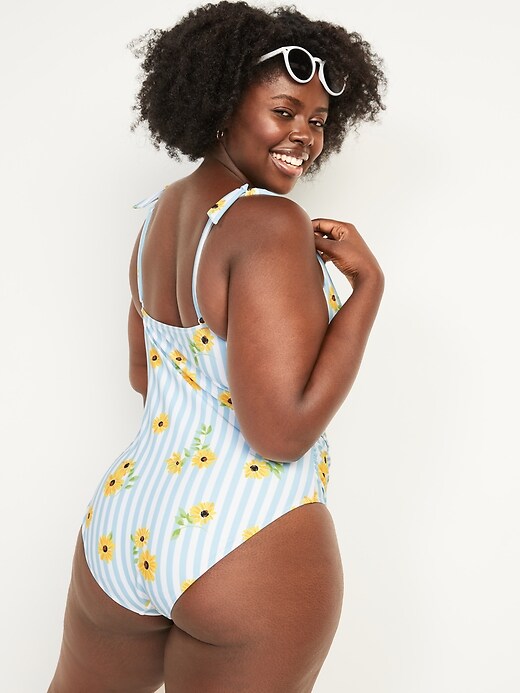 Image number 8 showing, Tie-Shoulder Ruched Plunge One-Piece Swimsuit