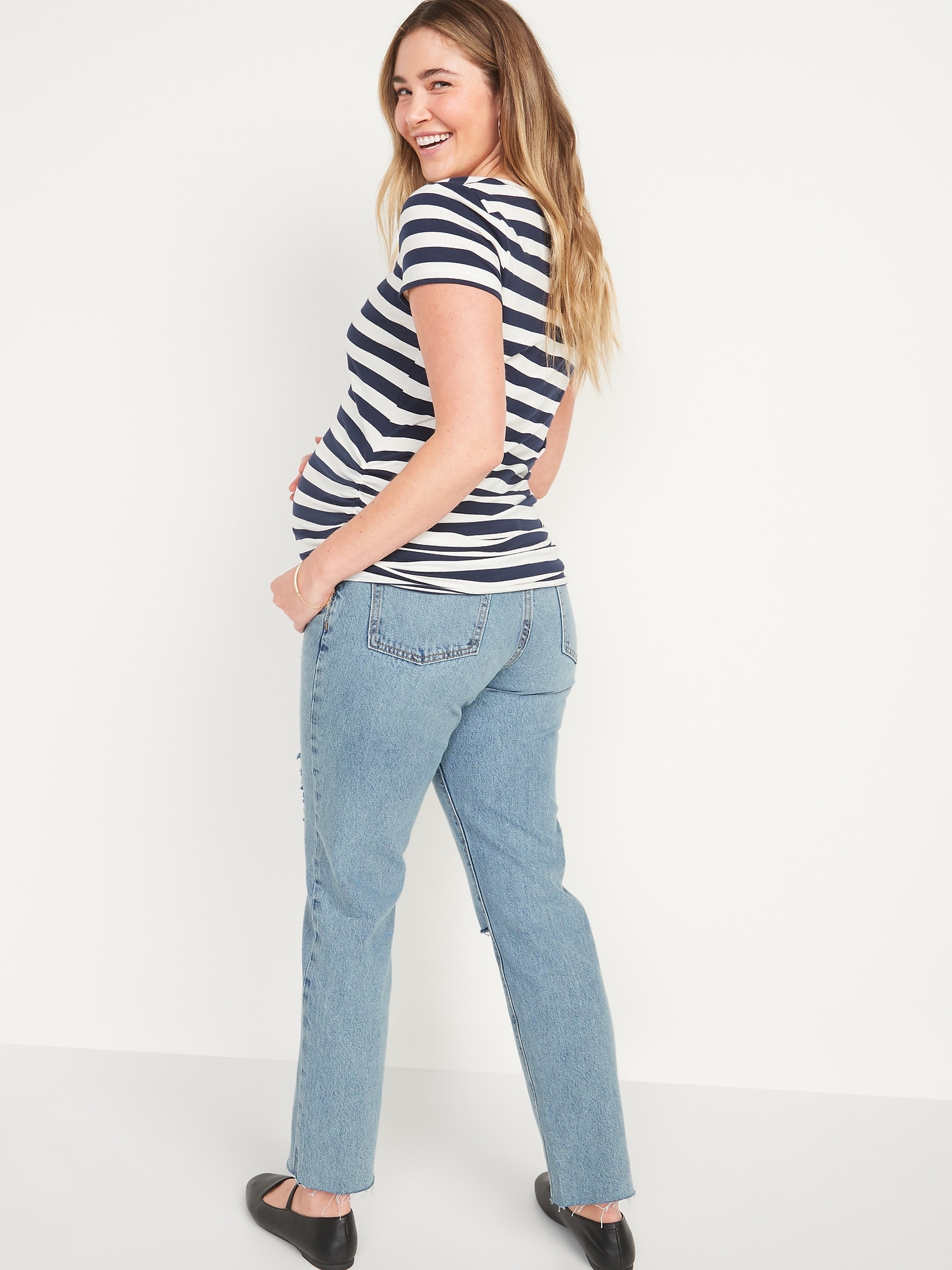 Maternity Front Low Panel Slouchy Straight Ripped Jeans Old Navy