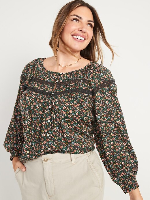 Long Sleeve Lace Trimmed Floral Print Blouse For Women Old Navy