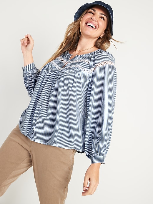 Image number 1 showing, Striped Crochet-Lace Trim Button-Front Blouse for Women