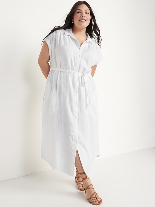 Image number 7 showing, Short-Sleeve Waist-Defined Midi Shirt Dress for Women
