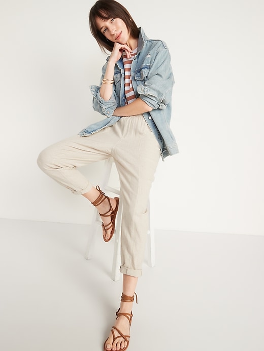 Image number 3 showing, High-Waisted Cropped Linen-Blend Pants for Women