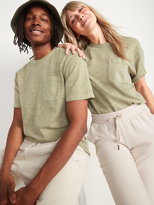 Image number 1 showing, Garment-Dyed Workwear-Pocket Gender-Neutral T-Shirt for Adults