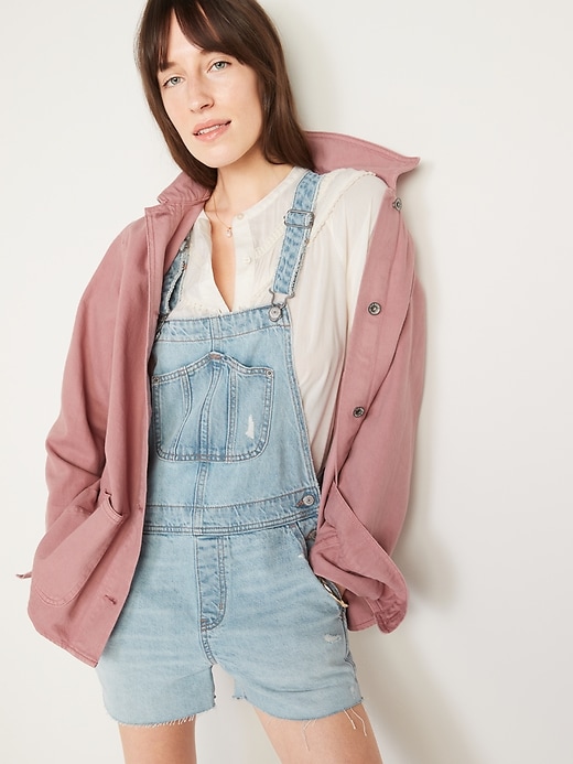 Image number 3 showing, Slouchy Straight Workwear Cut-Off Non-Stretch Jean Short Overalls for Women -- 3.5-inch inseam