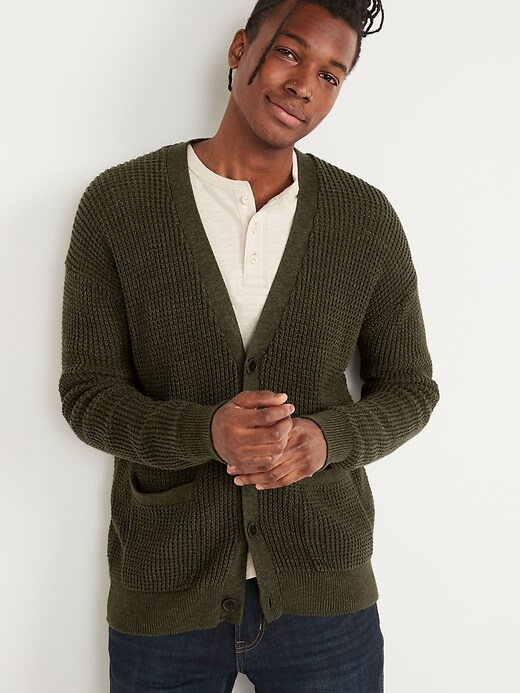 Mens Relax Fit Cardigan Sweater V-Neck Button Knitted Cardigan with Pockets
