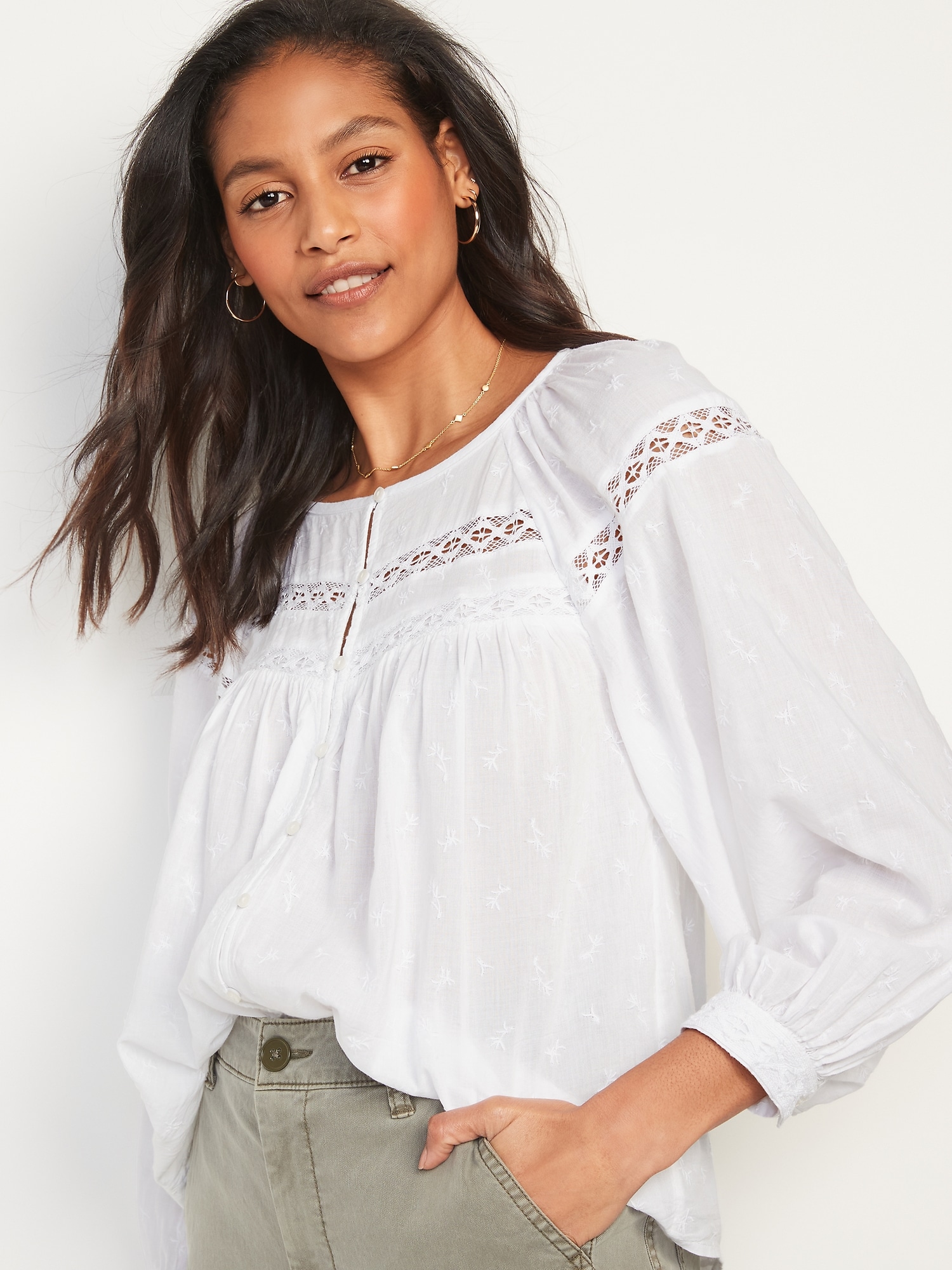 Long-Sleeve Embroidered Lace-Trimmed Blouse for Women | Old Navy