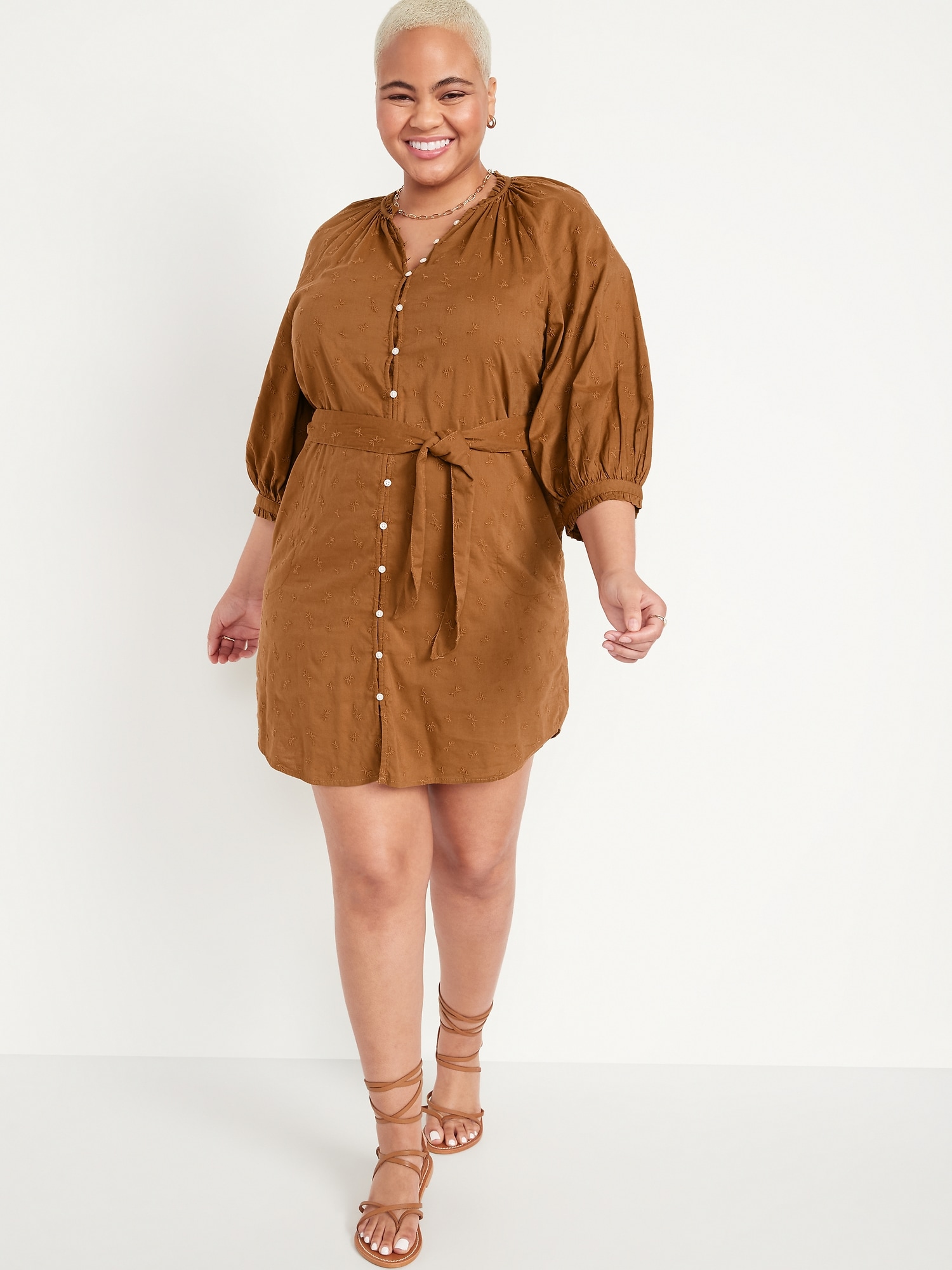 PuffSleeve WaistDefined Embroidered Mini Poet Shirt Dress for Women