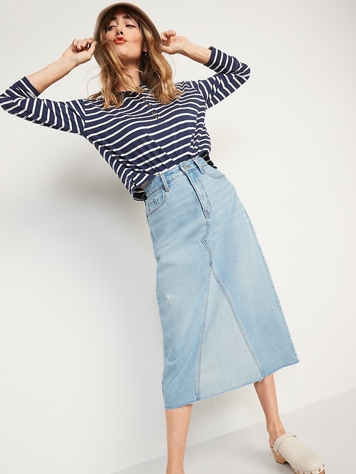 Image number 3 showing, Higher High-Waisted Light-Wash Cut-Off Jean Maxi Skirt
