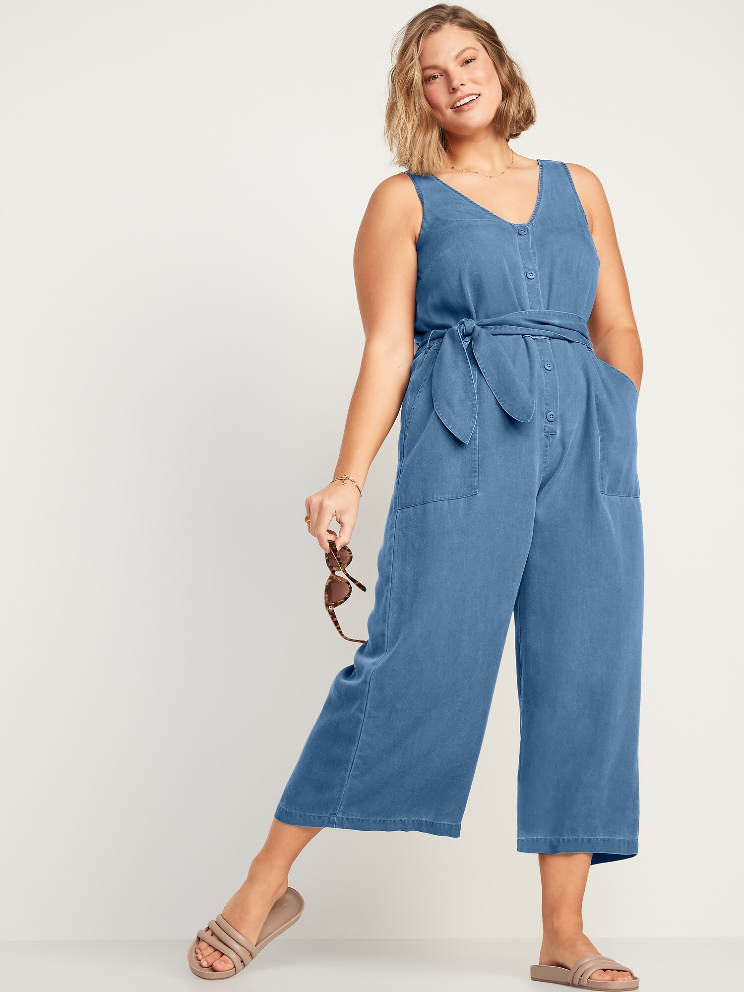 Sleeveless Voop-Neck Waist-Defined Jumpsuit for Women | Old Navy