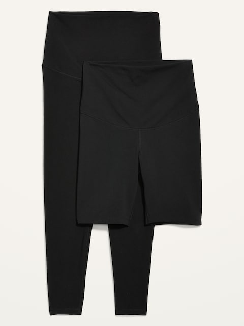 Maternity 2-Pack Rollover-Waist PowerChill 7/8-Length Leggings & Biker Shorts - Black Jack