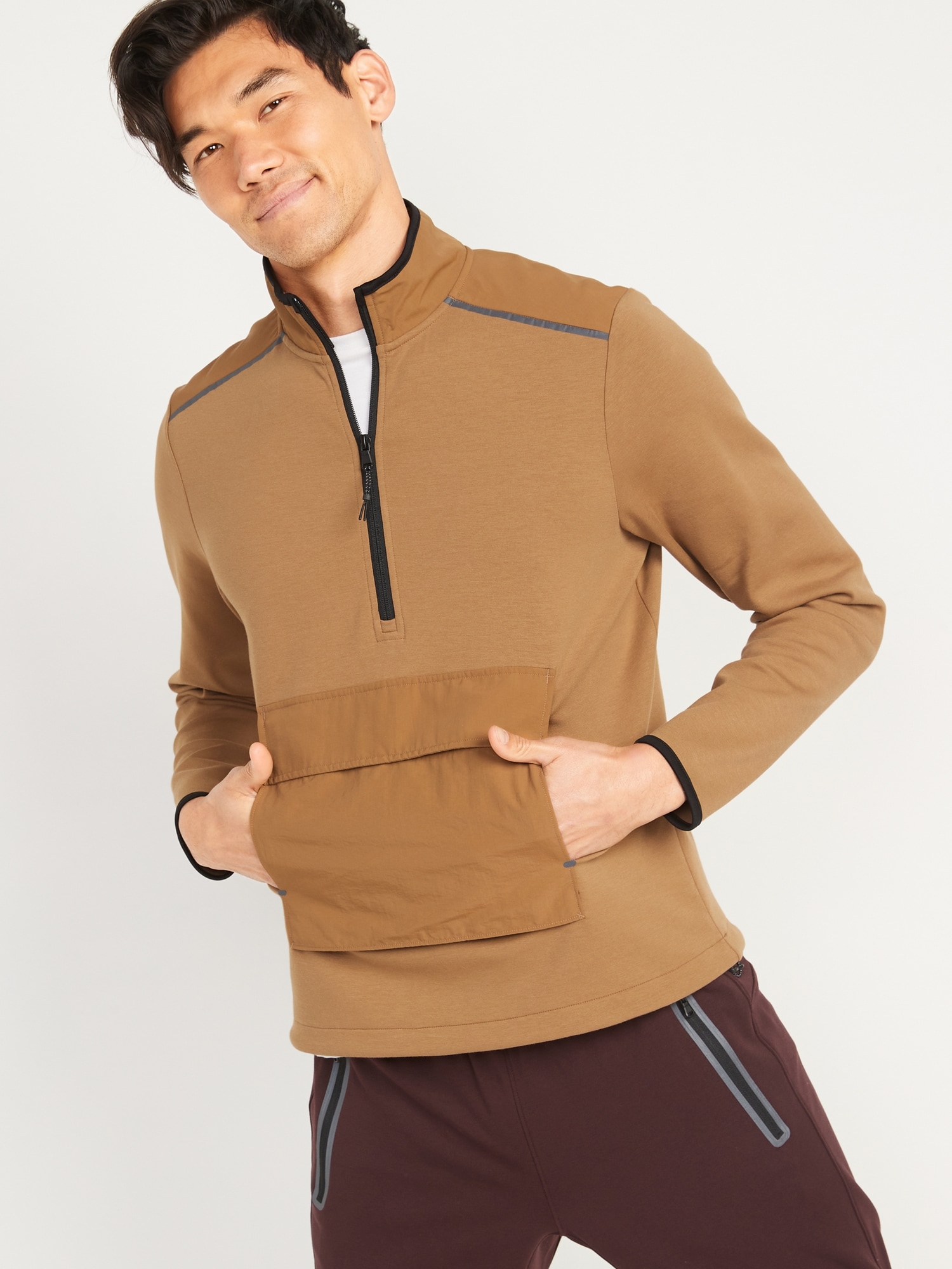 Old Navy Dynamic Fleece Hybrid Half-Zip Mock-Neck Sweatshirt for Men brown. 1