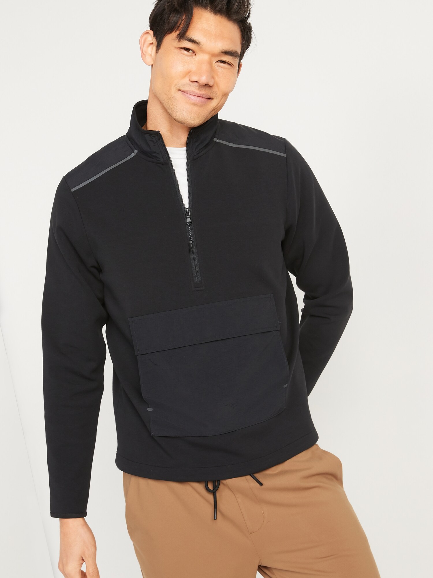 Old Navy Dynamic Fleece Hybrid Half-Zip Mock-Neck Sweatshirt for Men black. 1