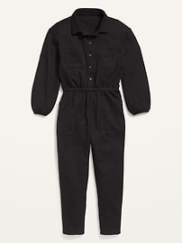 Long-Sleeve Button-Front Utility Jumpsuit for Girls