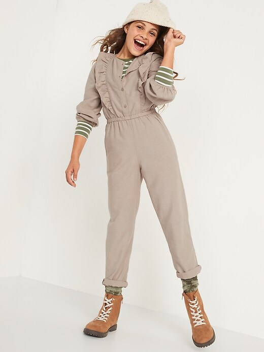 View large product image 1 of 3. Ruffled Long-Sleeve Button-Front Jumpsuit for Girls