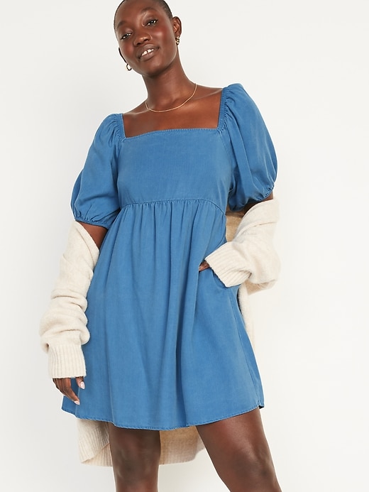 Image number 1 showing, Puff-Sleeve Chambray Mini Babydoll Swing Dress