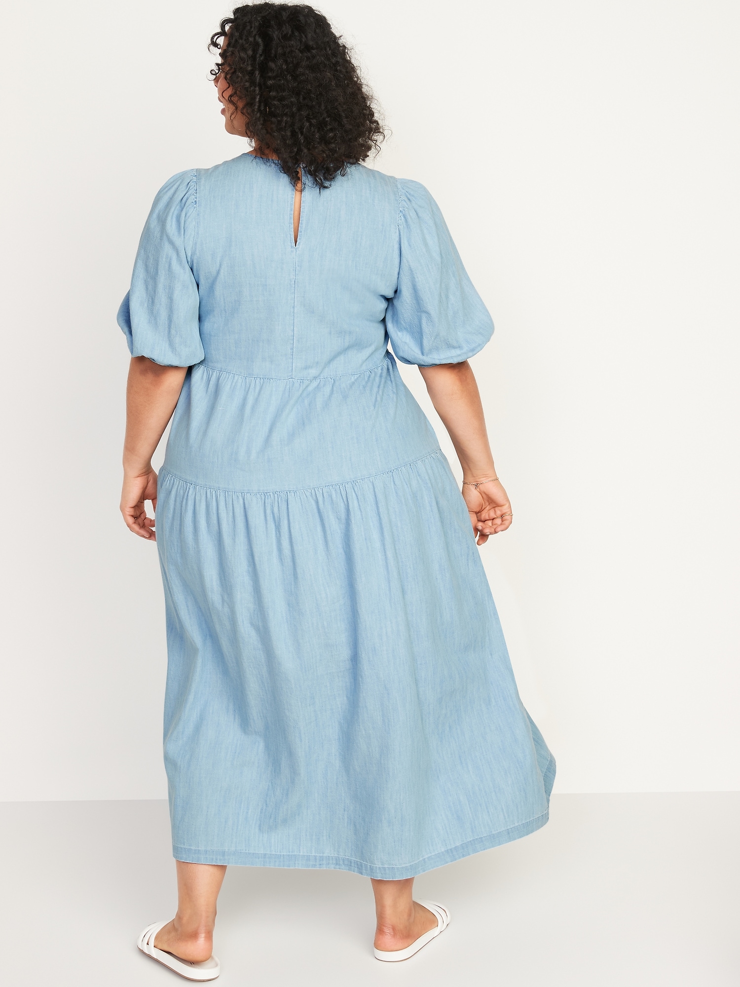 Tiered Chambray Puff-Sleeve All-Day Midi Swing Dress for Women | Old Navy