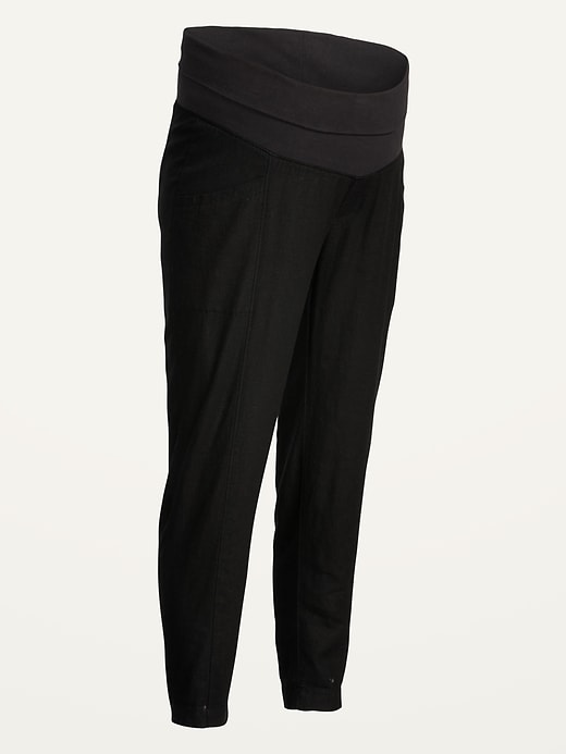 Image number 4 showing, Maternity Rollover-Waist Linen-Blend Cropped Pants