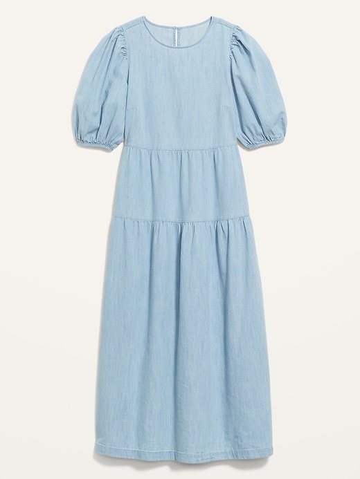 Image number 4 showing, Tiered Chambray Puff-Sleeve All-Day Midi Swing Dress for Women