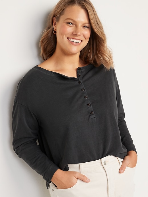 Image number 1 showing, Loose Garment-Dyed Long-Sleeve Henley T-Shirt for Women