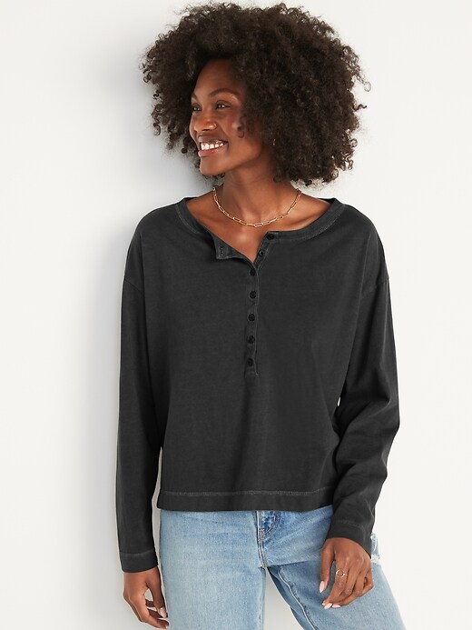Image number 5 showing, Loose Garment-Dyed Long-Sleeve Henley T-Shirt for Women