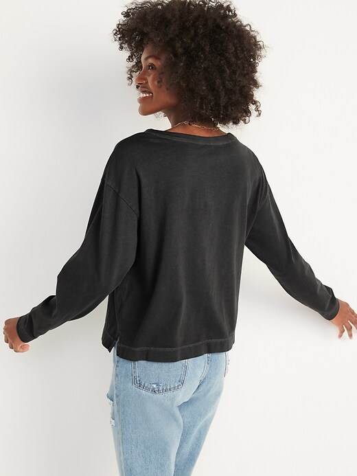 Image number 6 showing, Loose Garment-Dyed Long-Sleeve Henley T-Shirt for Women