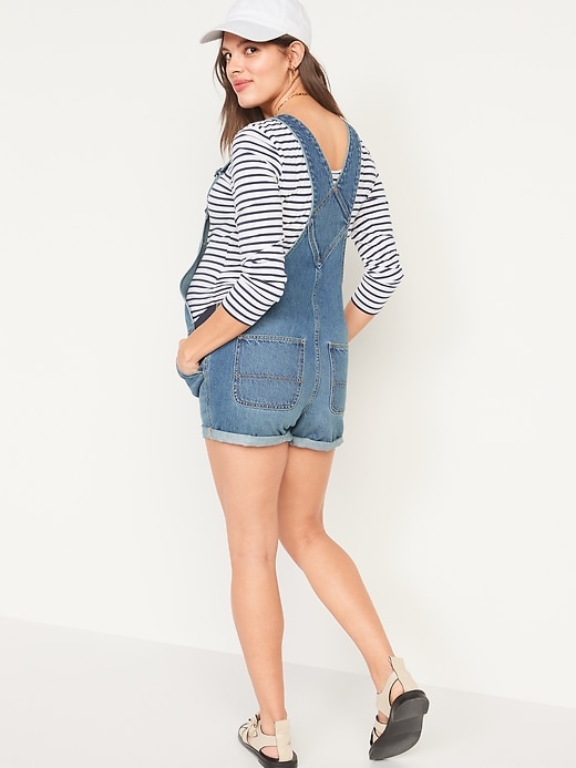 Image number 2 showing, Maternity Side-Panel Slouchy Jean Short Overalls -- 5-inch inseam