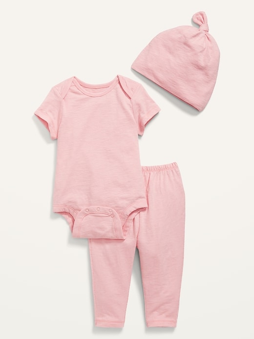 Old Navy Unisex 3-Piece Slub-Knit Bodysuit, Pants & Hat Layette Set for Baby. 1