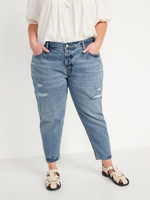 Image number 7 showing, Mid-Rise Button-Fly Slouchy Taper Ripped Non-Stretch Ankle Jeans for Women