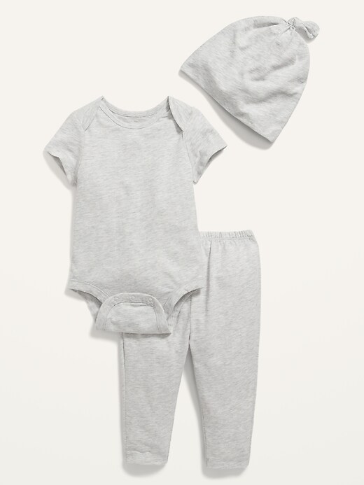 View large product image 1 of 1. Unisex 3-Piece Slub-Knit Bodysuit, Pants & Hat Layette Set for Baby