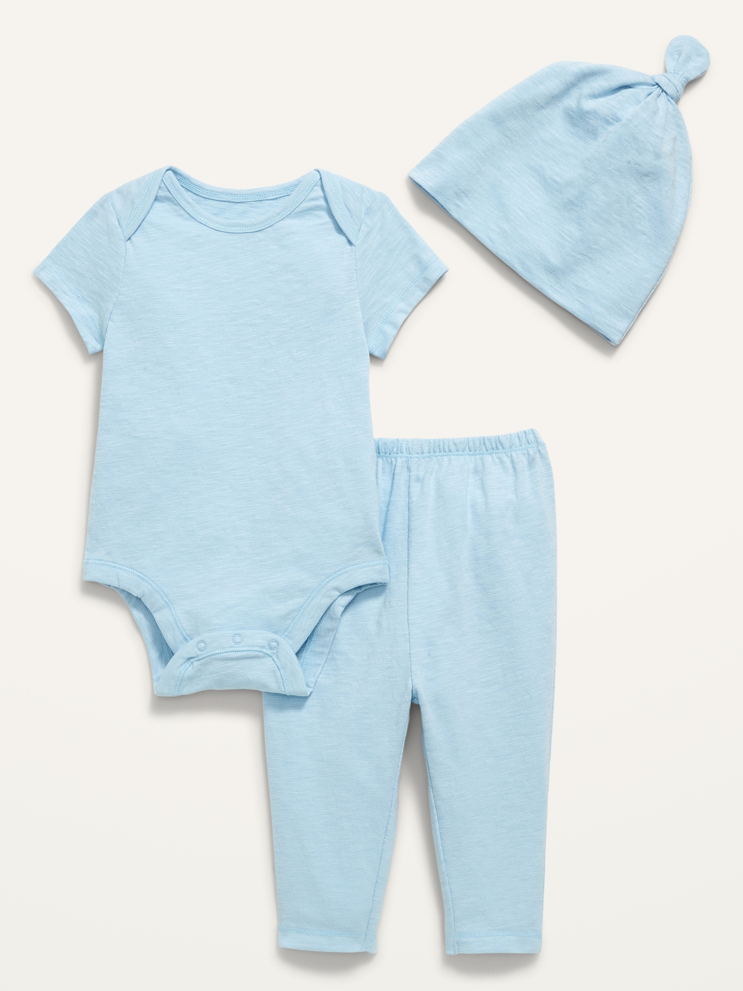 Old Navy Unisex 3-Piece Slub-Knit Bodysuit, Pants & Hat Layette Set for Baby blue. 1