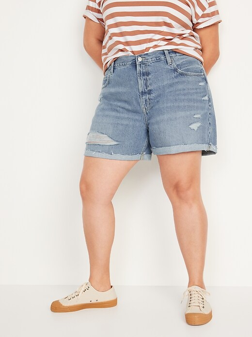 Image number 7 showing, High-Waisted Slouchy Straight Non-Stretch Distressed Jean Shorts for Women -- 5-inch inseam