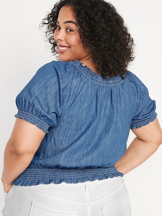 Image number 8 showing, Scoop-Neck Smocked Chambray Blouse for Women