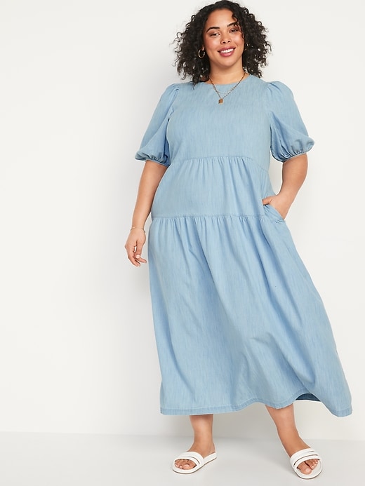 Image number 7 showing, Tiered Chambray Puff-Sleeve All-Day Midi Swing Dress for Women