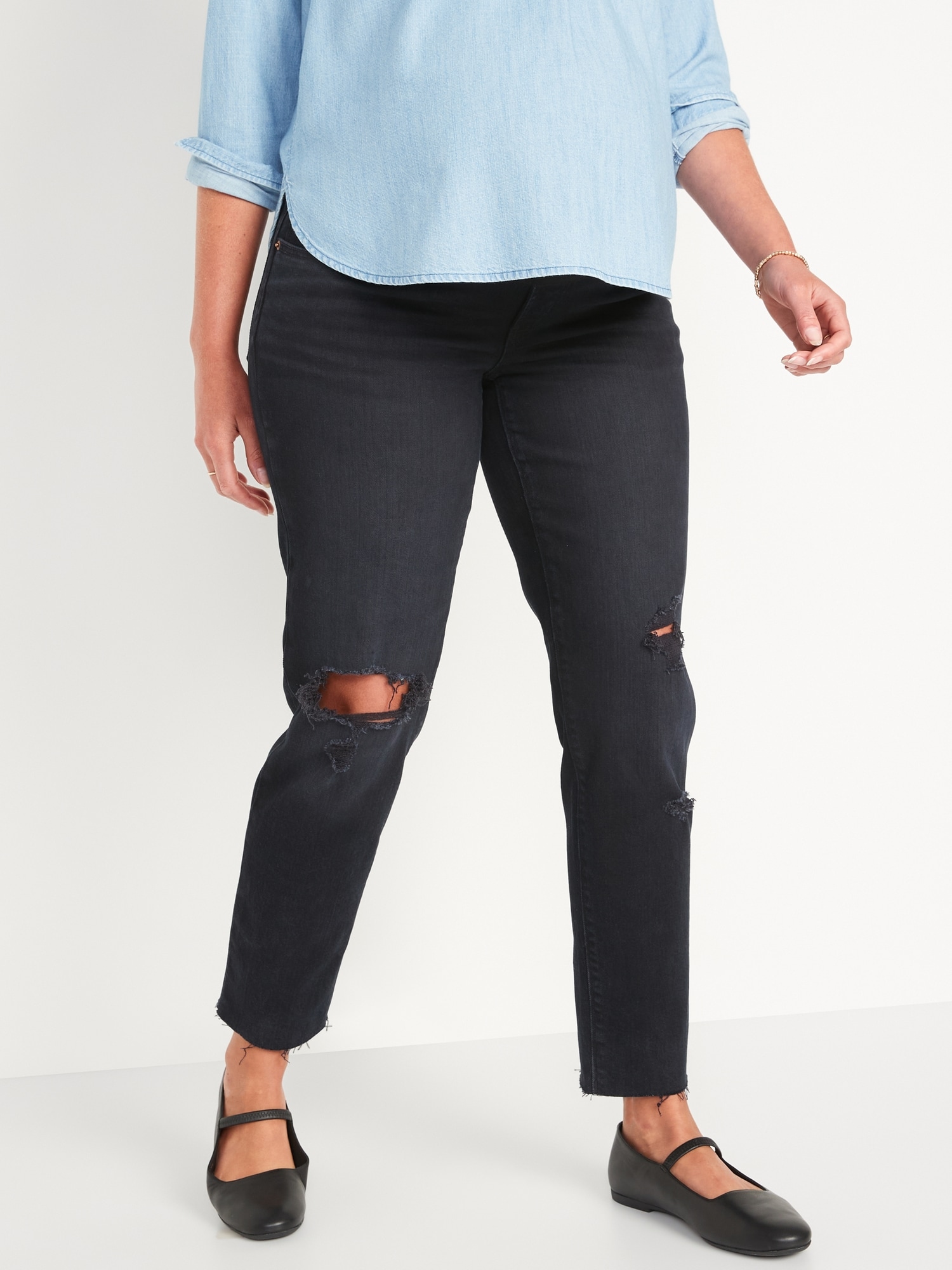 Maternity Full Panel O.G. Straight Ripped Black-Wash Jeans for Women