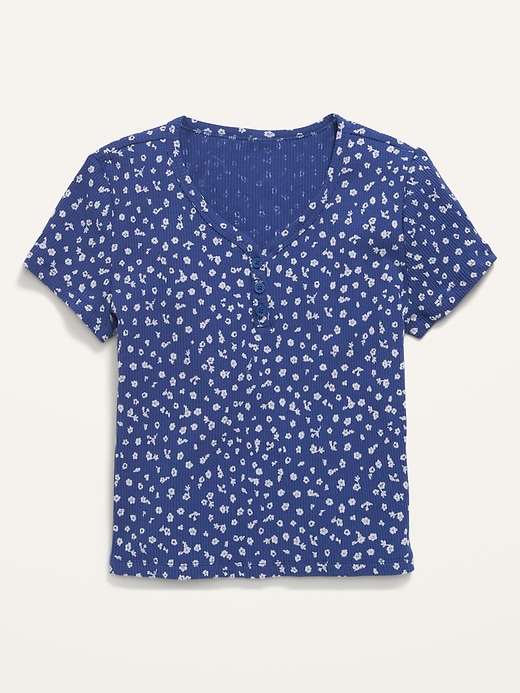 View large product image 1 of 2. Rib-Knit Short-Sleeve Floral-Print Henley T-Shirt for Girls