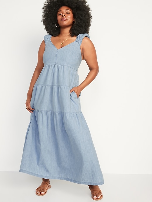 Chambray Tiered All-Day Fit & Flare Maxi Dress for Women | Old Navy