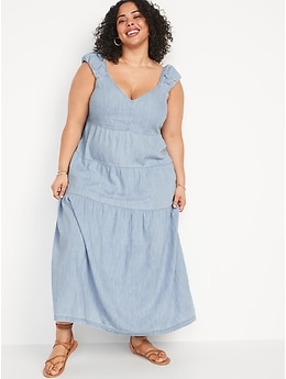 Chambray Tiered All Day Fit Flare Maxi Dress for Women Old Navy