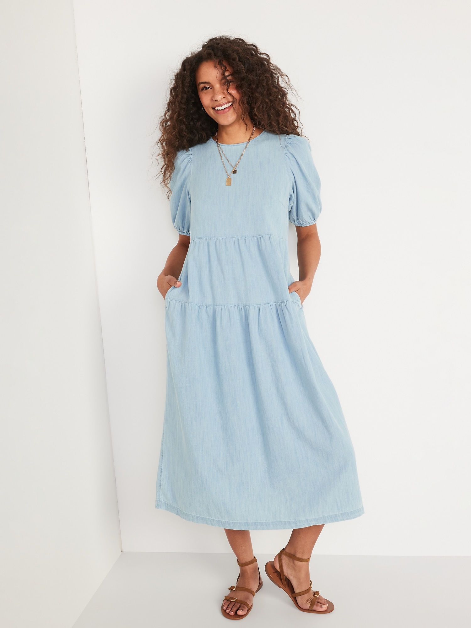 Tiered Chambray Puff Sleeve All Day Midi Swing Dress For Women Old Navy 5023