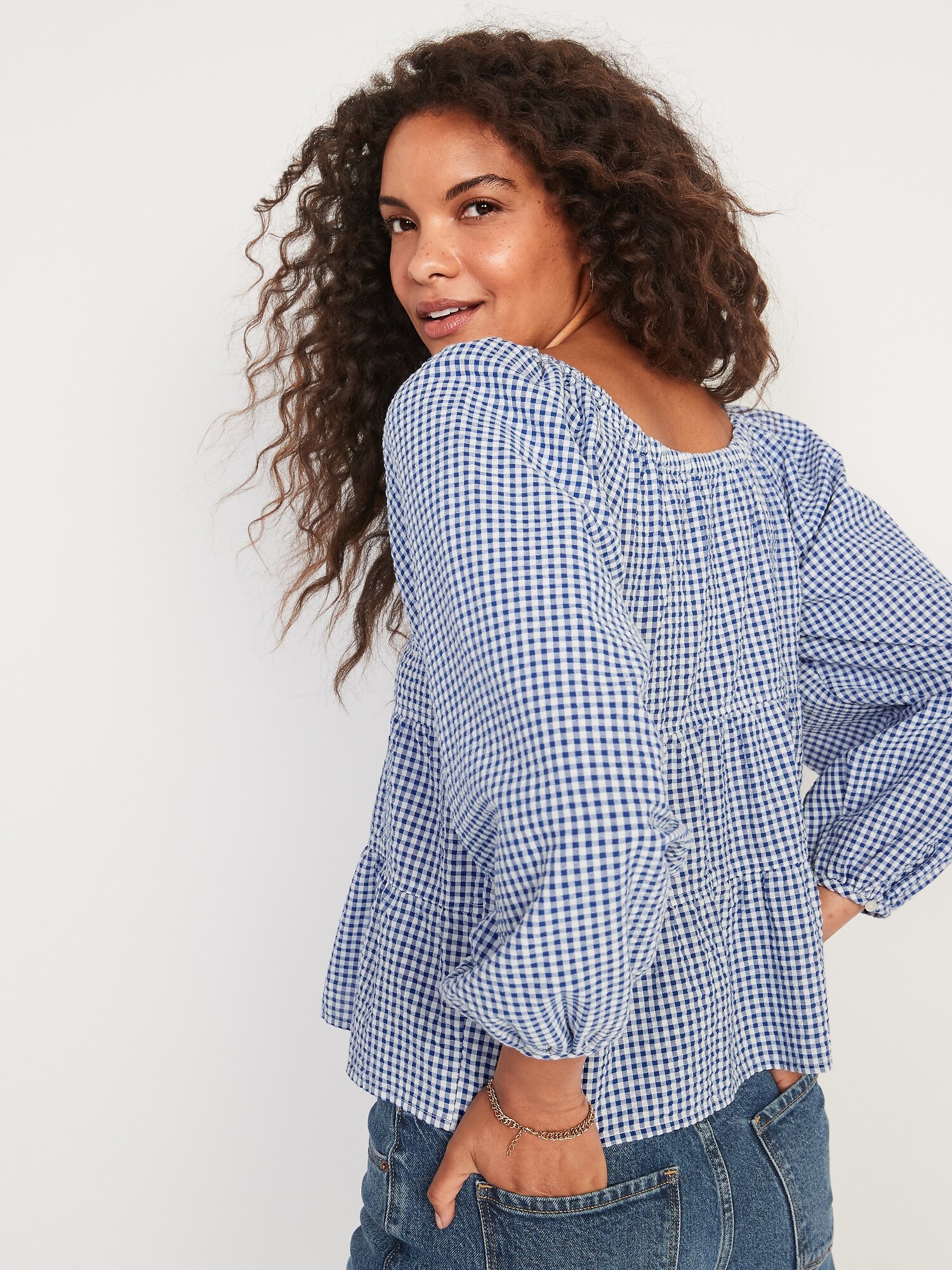 Tiered Seersucker Long-Sleeve Swing Top for Women | Old Navy