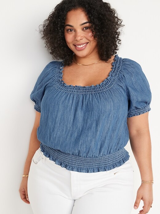Image number 7 showing, Scoop-Neck Smocked Chambray Blouse for Women